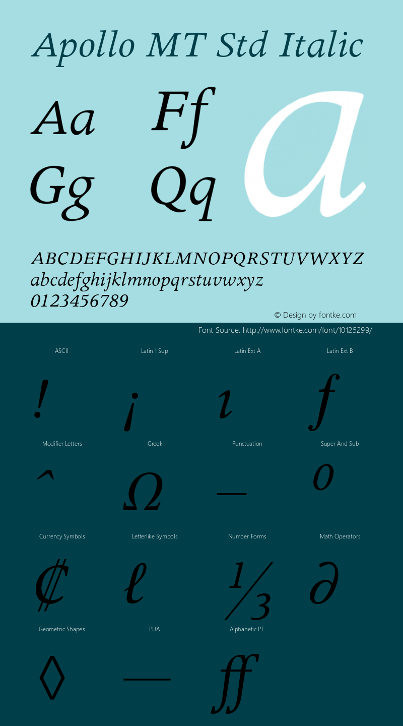 Apollo MT Std Italic Version 1.047;PS 001.000;Core 1.0.38;makeotf.lib1.6.5960 Font Sample