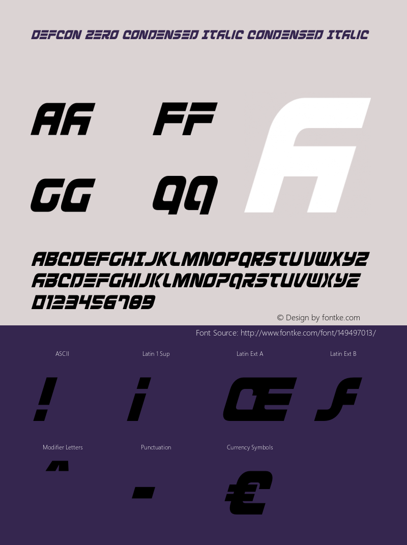 Defcon Zero Condensed Italic Version 1.0; 2016 Font Sample