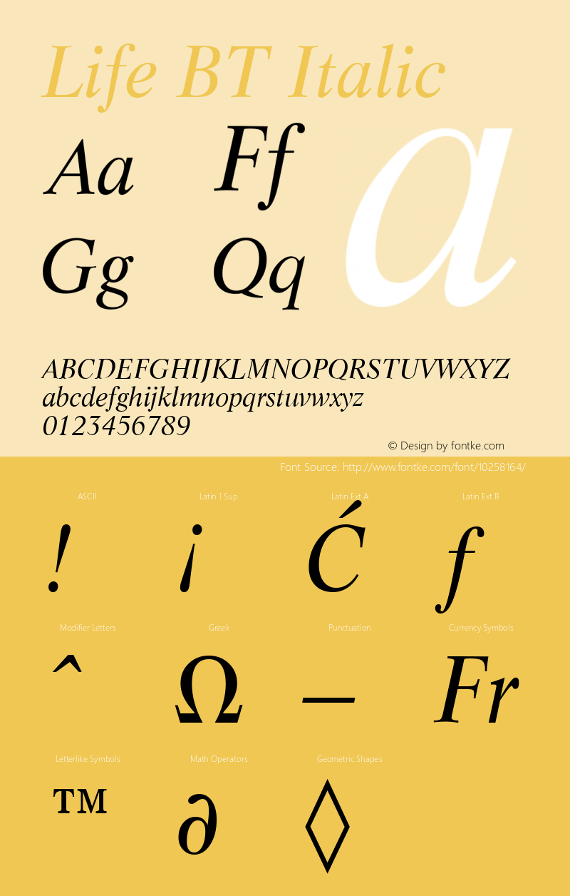 Life BT Italic mfgpctt-v1.57 Tuesday, February 23, 1993 9:44:53 am (EST) Font Sample