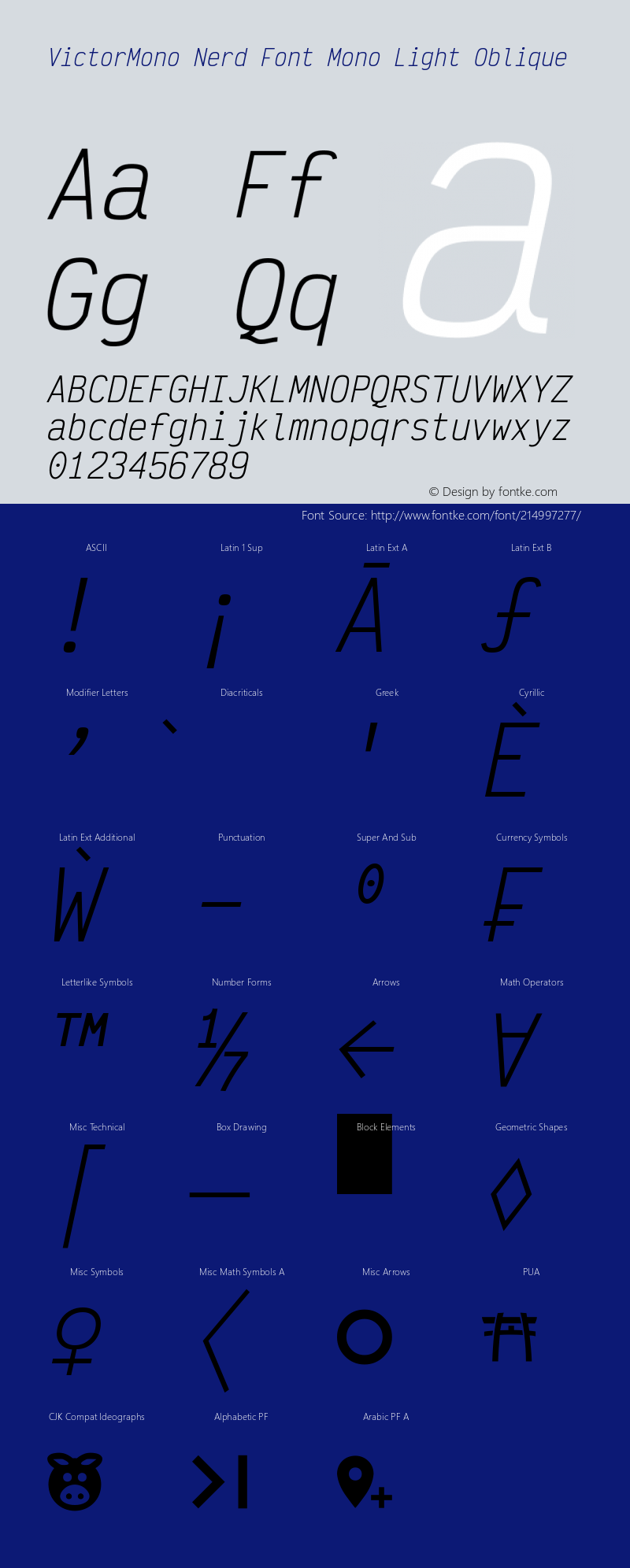 Victor Mono Light Oblique Nerd Font Complete Mono Version 1.410;Nerd Fonts 2.1.0图片样张