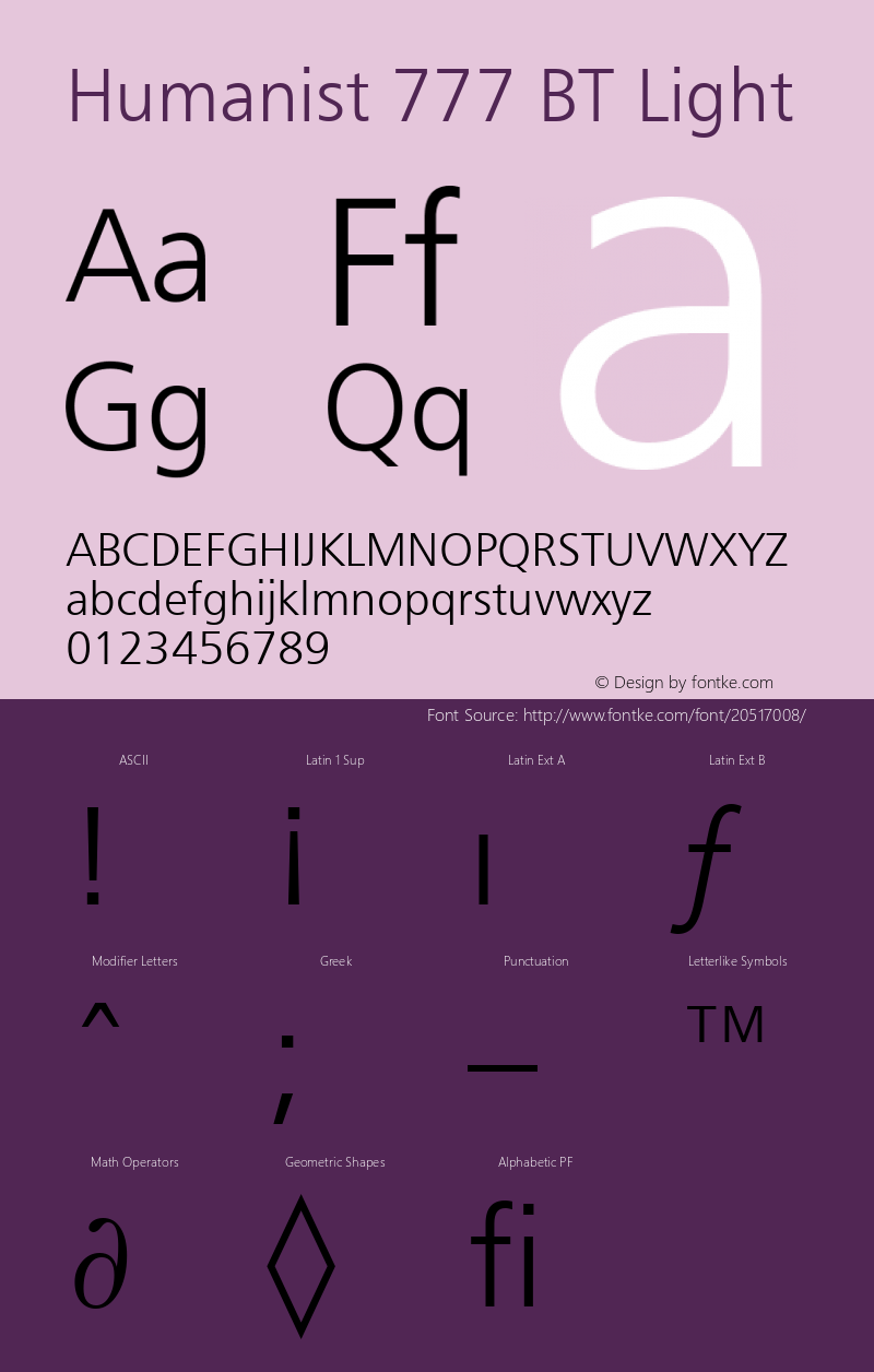 Humanist 777 Light BT spoyal2tt v1.34 Font Sample