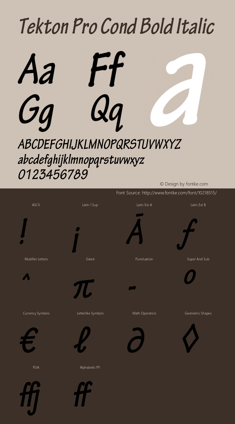 Tekton Pro Cond Bold Italic Version 2.020;PS 2.000;hotconv 1.0.51;makeotf.lib2.0.18671 Font Sample