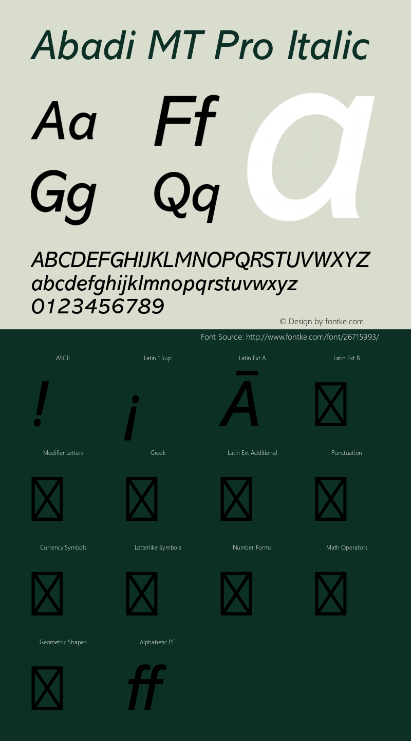 AbadiMTPro-Italic Version 2.000 Build 1000 Font Sample