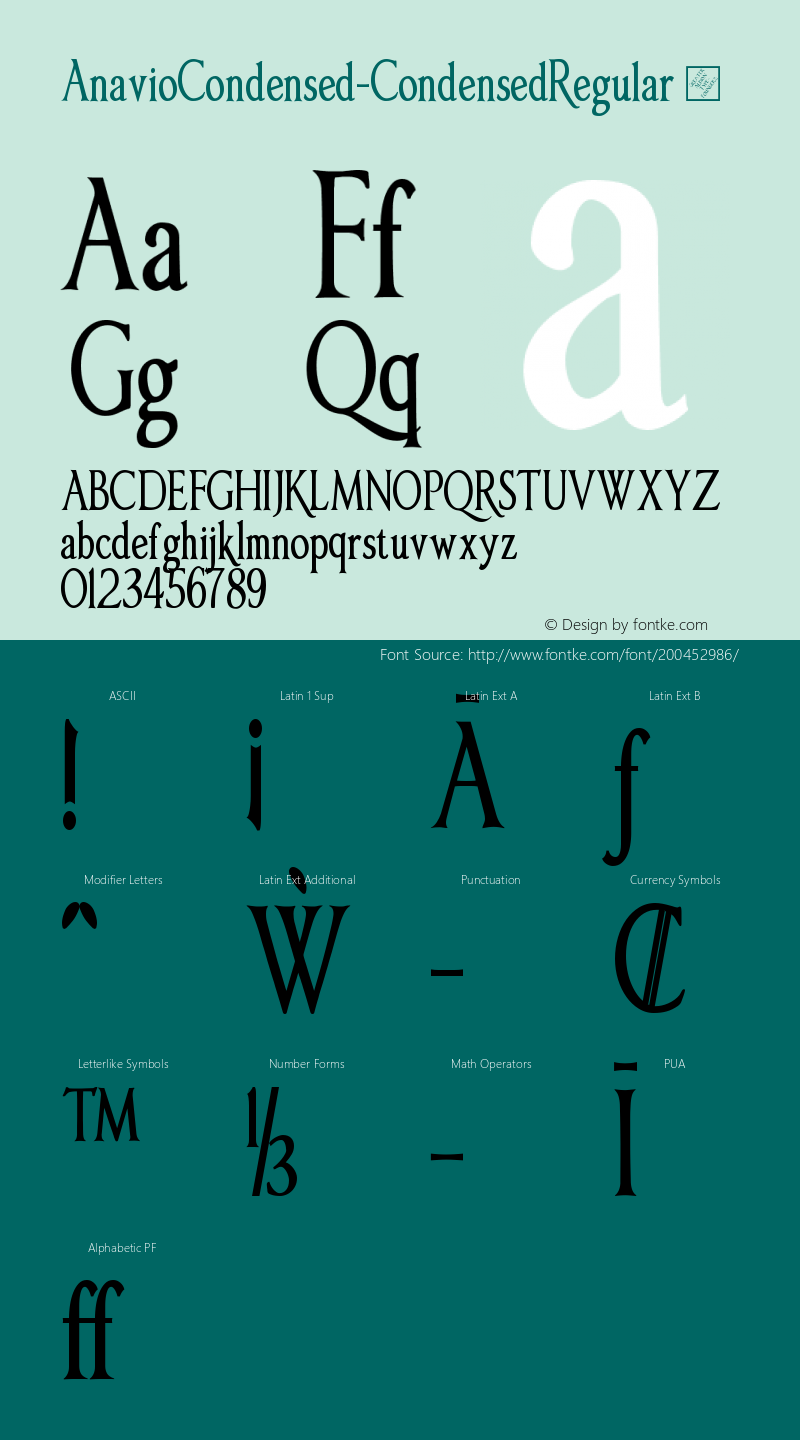 ☞Anavio Condensed Condensed Regular Version 1.000 2010 initial release; ttfautohint (v1.5);com.myfonts.easy.gatf.anavio.condensed-regular.wfkit2.version.3oyP图片样张