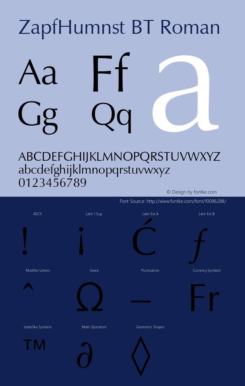 ZapfHumnst BT Roman Version 2.001 mfgpctt 4.4 Font Sample