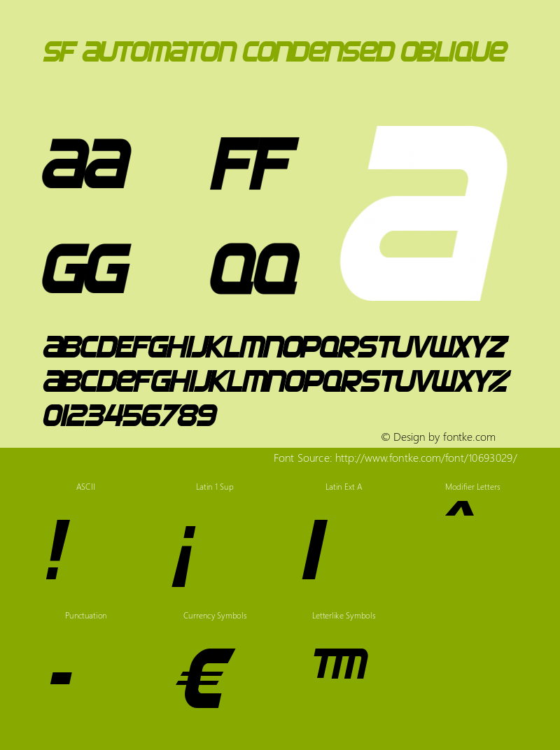 SF Automaton Condensed Oblique ver 1.0; 2000. Font Sample