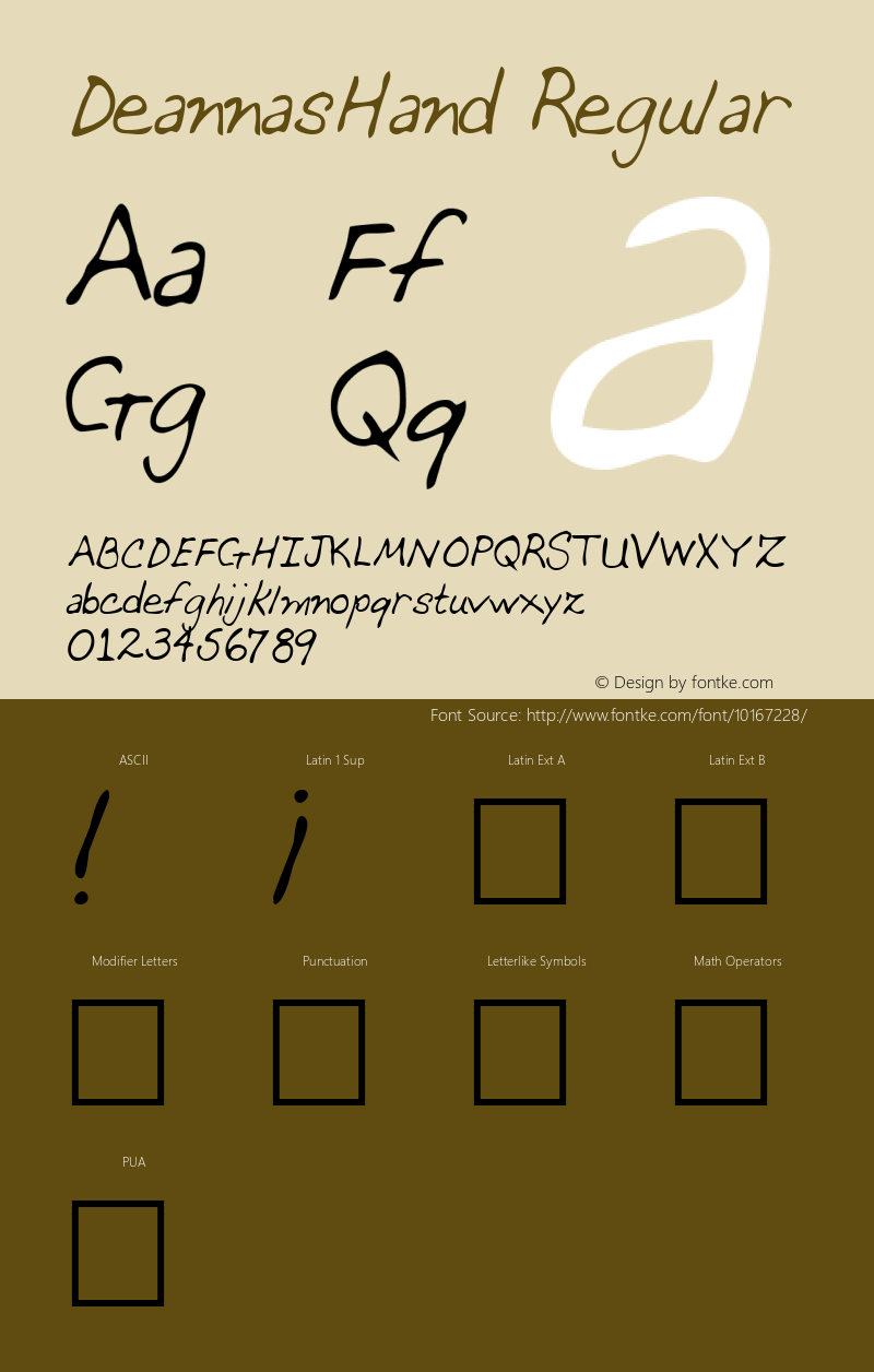 DeannasHand Regular The IMSI MasterFonts Collection, tm 1996 IMSI (International Microcomputer Software Inc.) Font Sample