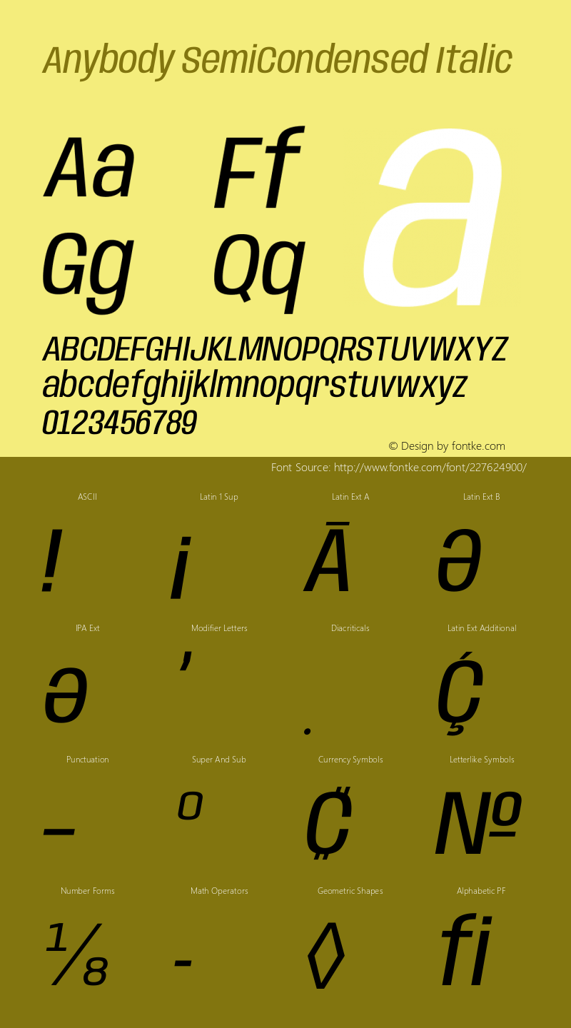 Anybody SemiCondensed Italic Version 1.111图片样张