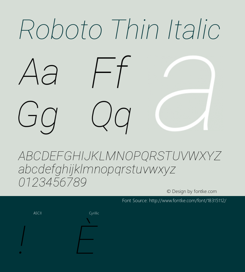 Roboto Thin Italic Version 2.134; 2016; ttfautohint (v1.4.1) Font Sample