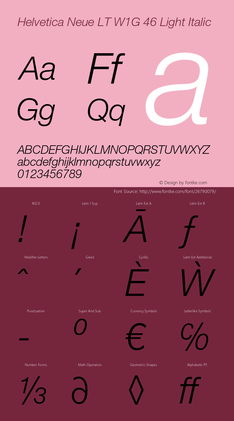 Helvetica Neue LT W1G 46 Light Italic Version 4.00 Build 1000 Font Sample