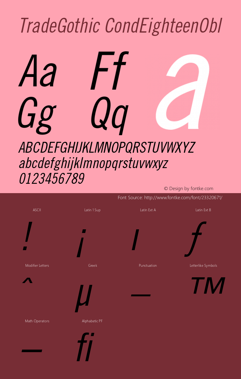 Trade Gothic Condensed No. 18 Oblique Version 001.000 Font Sample