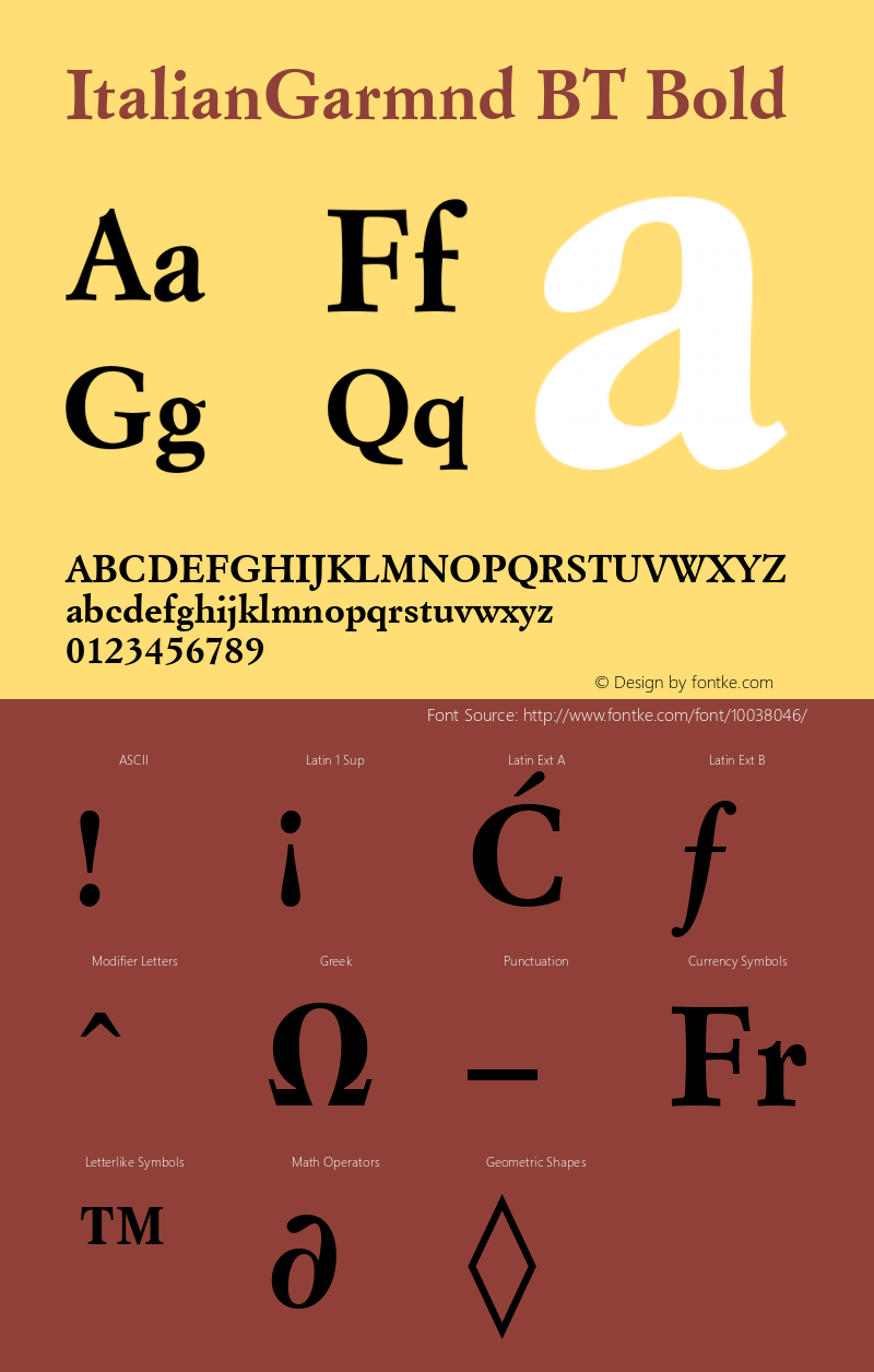 ItalianGarmnd BT Bold mfgpctt-v4.5 Fri Jun 25 07:47:48 EDT 1999 Font Sample