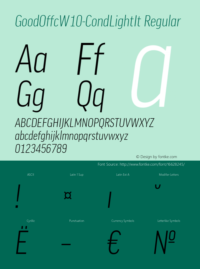 GoodOffcW10-CondLightIt Regular Version 7.504 Font Sample