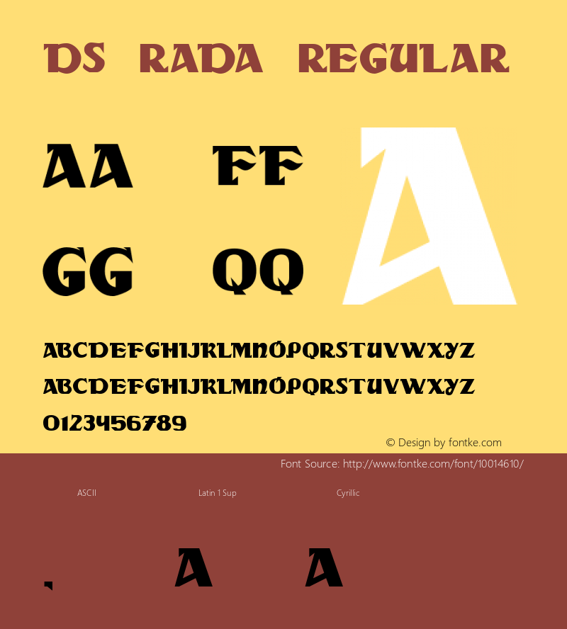 DS Rada Regular 1.01 -- Dubina Nikolay -- D-Studio (Moscow) -- 1999 -- www.wt.aha.ru/d-studio/ -- webart@tomcat.ru Font Sample