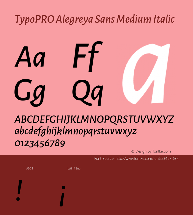 TypoPRO Alegreya Sans Medium Italic Version 1.001;PS 001.001;hotconv 1.0.70;makeotf.lib2.5.58329 DEVELOPMENT; ttfautohint (v0.97) -l 8 -r 50 -G 200 -x 17 -f dflt -w G -W Font Sample