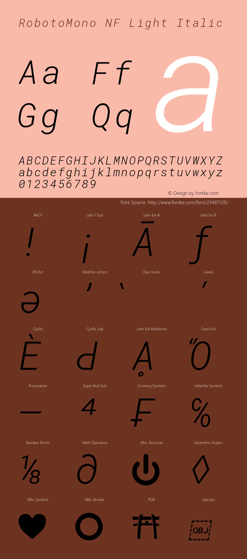 Roboto Mono Light Italic Nerd Font Complete Mono Windows Compatible Version 2.000986; 2015; ttfautohint (v1.3) Font Sample