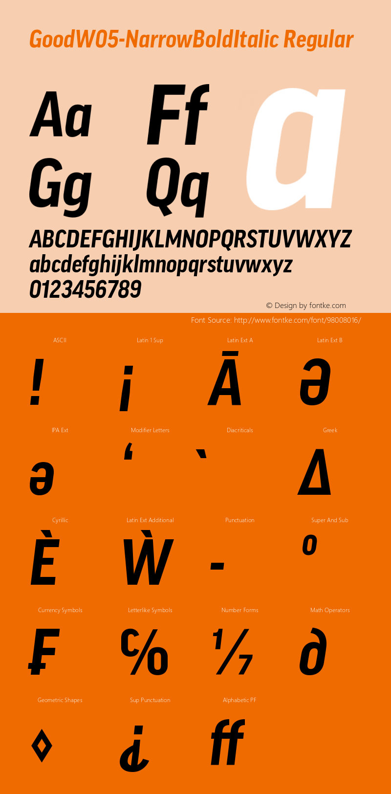 Good W05 Narrow Bold Italic Version 7.504 Font Sample