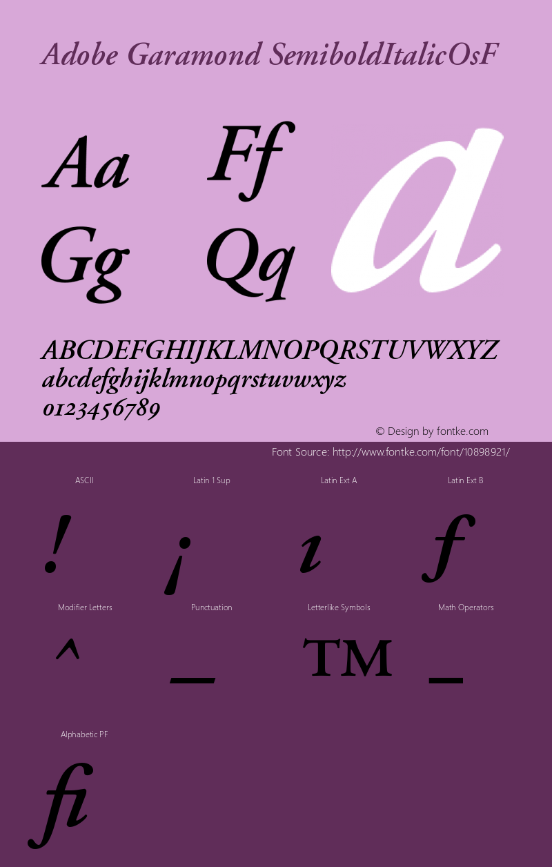 Adobe Garamond SemiboldItalicOsF Version 001.002 Font Sample