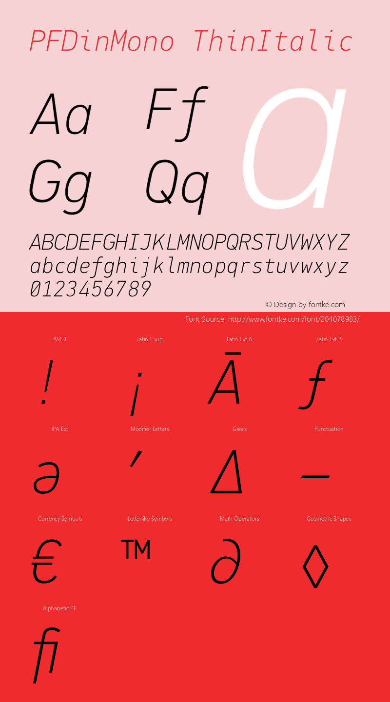 PFDinMono ThinItalic Version 1.00;February 15, 2019;FontCreator 11.5.0.2422 32-bit图片样张