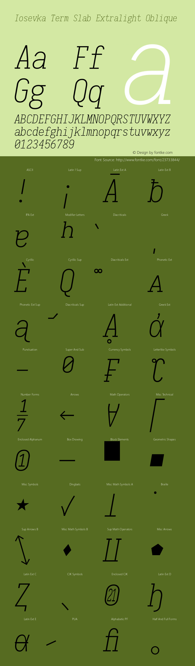 Iosevka Term Slab Extralight Oblique 1.13.3; ttfautohint (v1.6) Font Sample