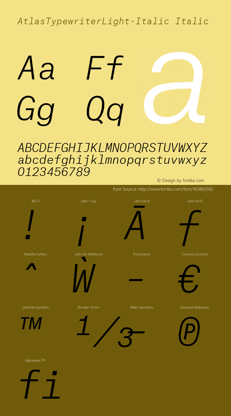 AtlasTypewriterLight-Italic Italic Version 1.001 2012 Font Sample