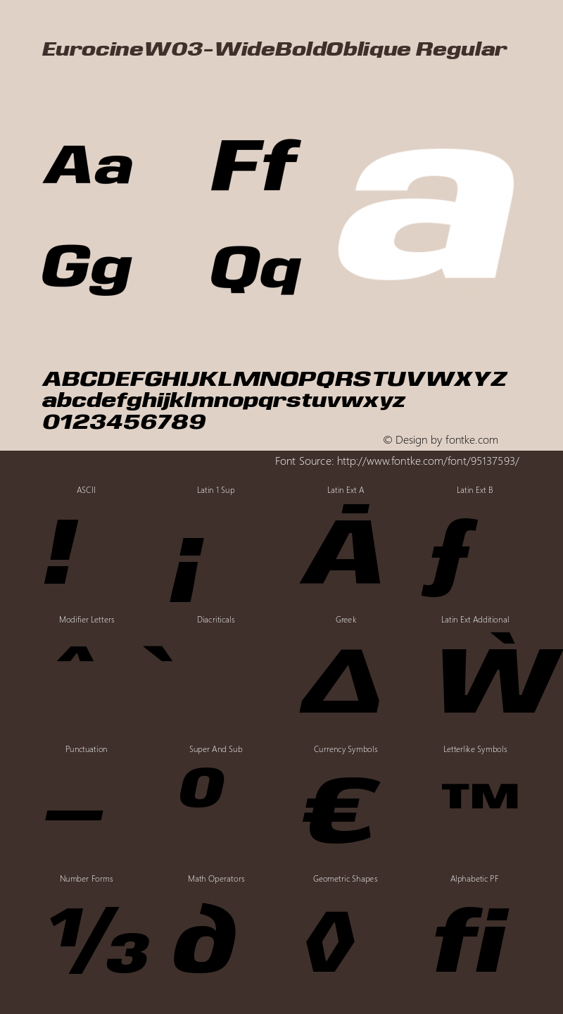 Eurocine W03 Wide Bold Oblique Version 1.00 Font Sample