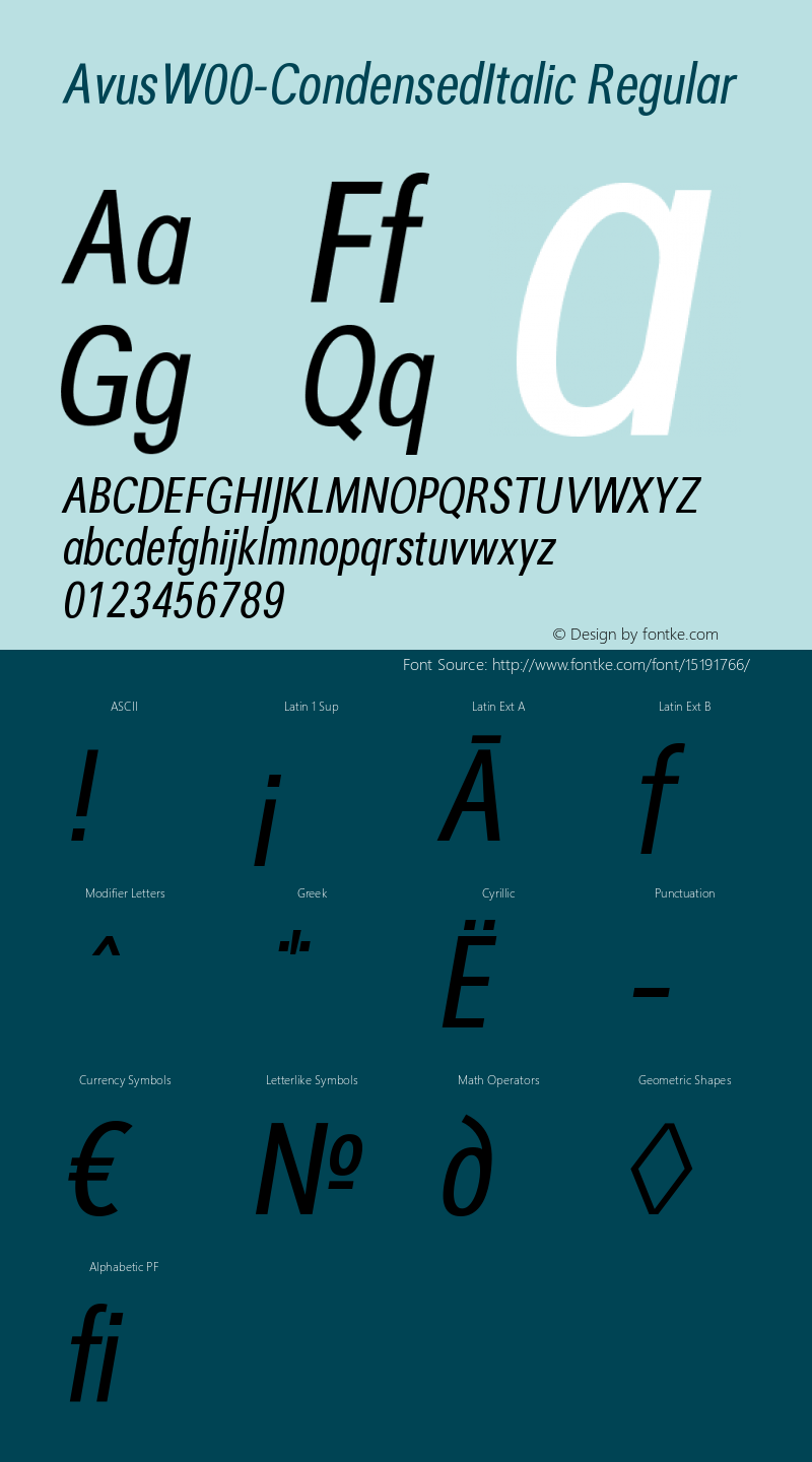 AvusW00-CondensedItalic Regular Version 1.00 Font Sample