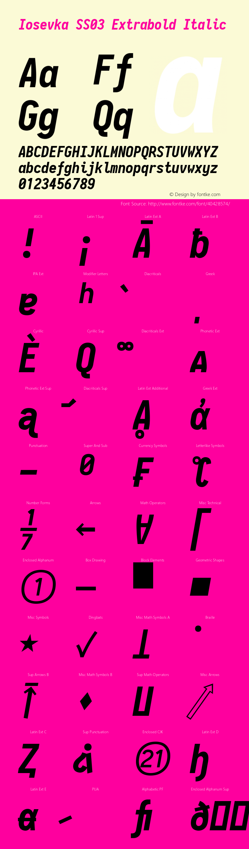 Iosevka SS03 Extrabold Italic 2.3.0; ttfautohint (v1.8.3) Font Sample