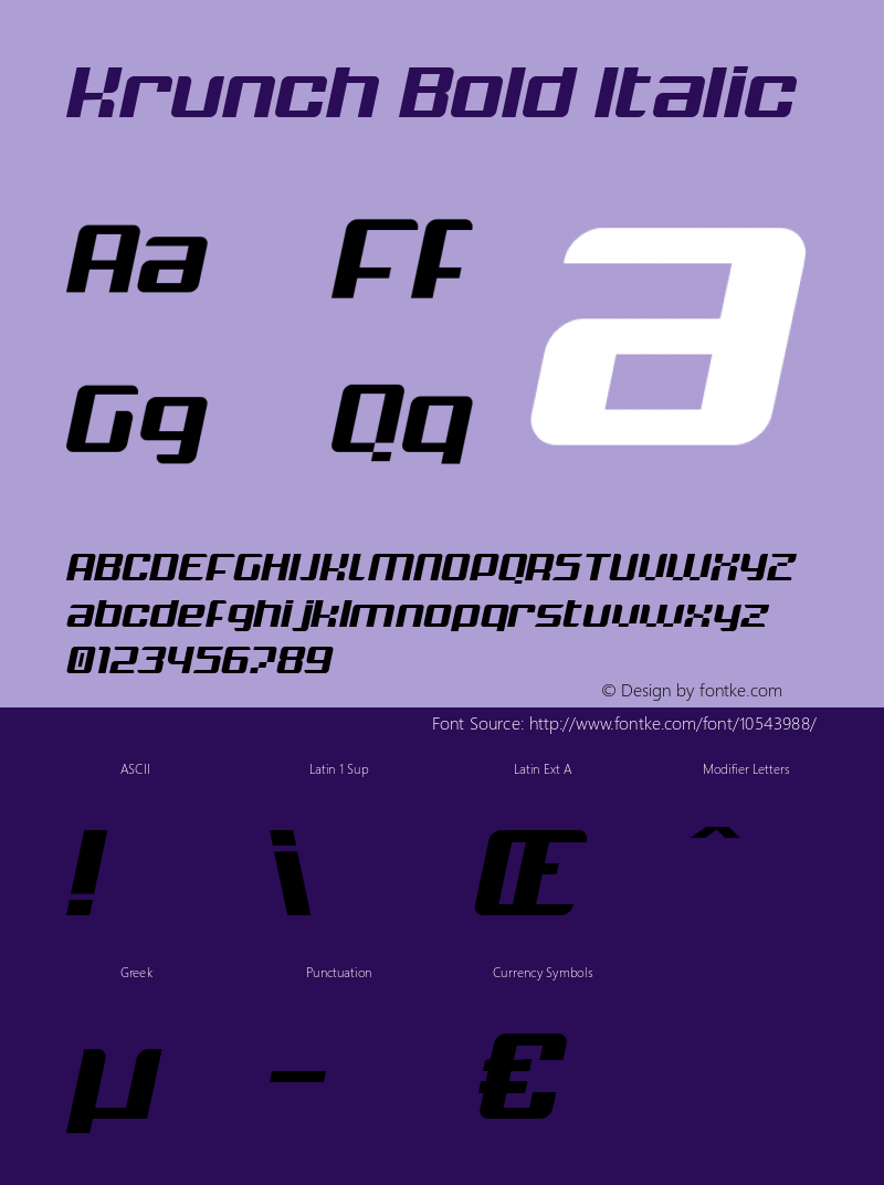 Krunch Bold Italic Version 1.000 2014 initial release Font Sample