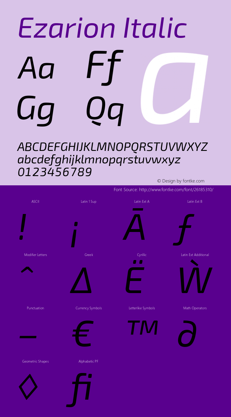 Ezarion Italic Version 1.001;PS 001.001;hotconv 1.0.70;makeotf.lib2.5.58329; ttfautohint (v1.8.1) Font Sample