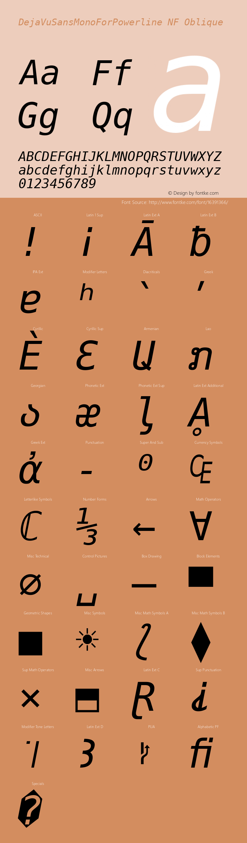 DejaVuSansMonoForPowerline NF Oblique Version 2.33 Font Sample