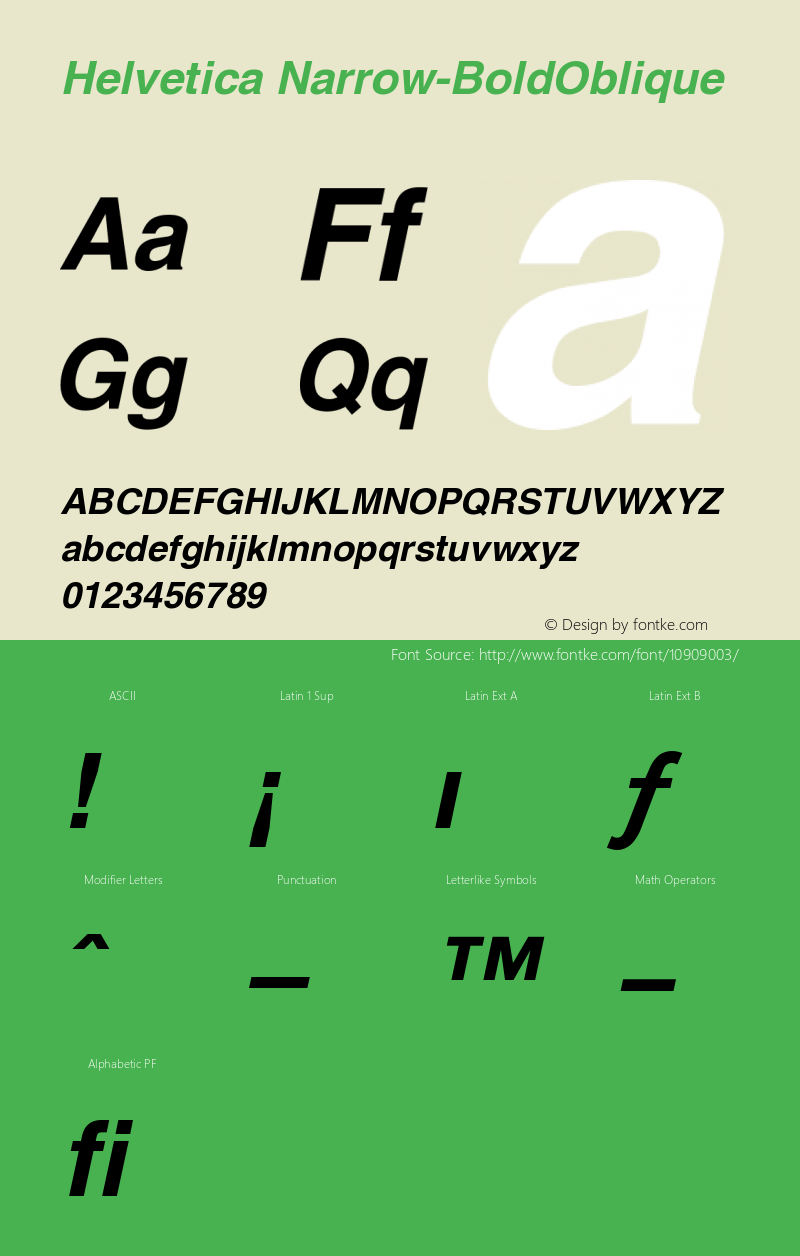 Helvetica Narrow-BoldOblique Version 002.000 Font Sample