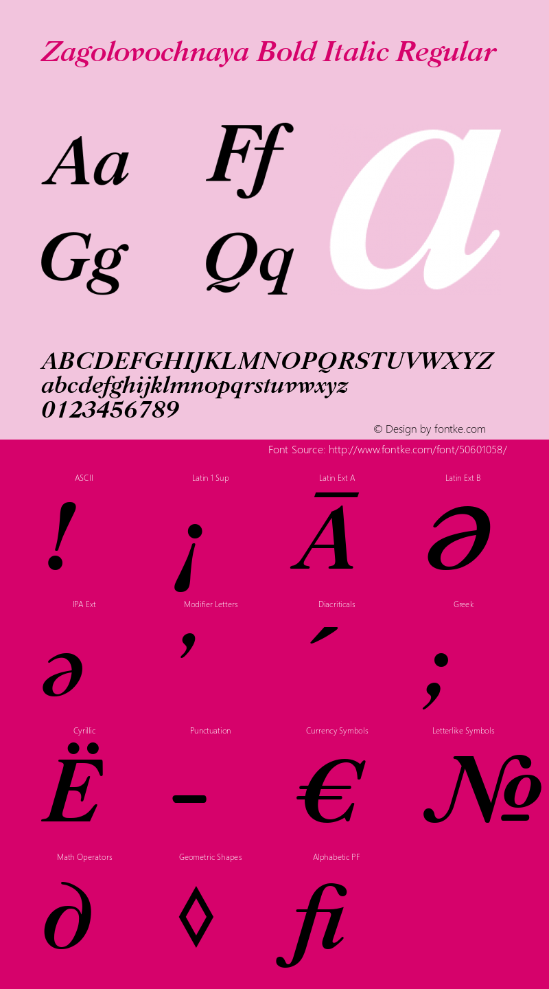 Zagolovochnaya Bold Italic Version 1.000 2007 initial release Font Sample