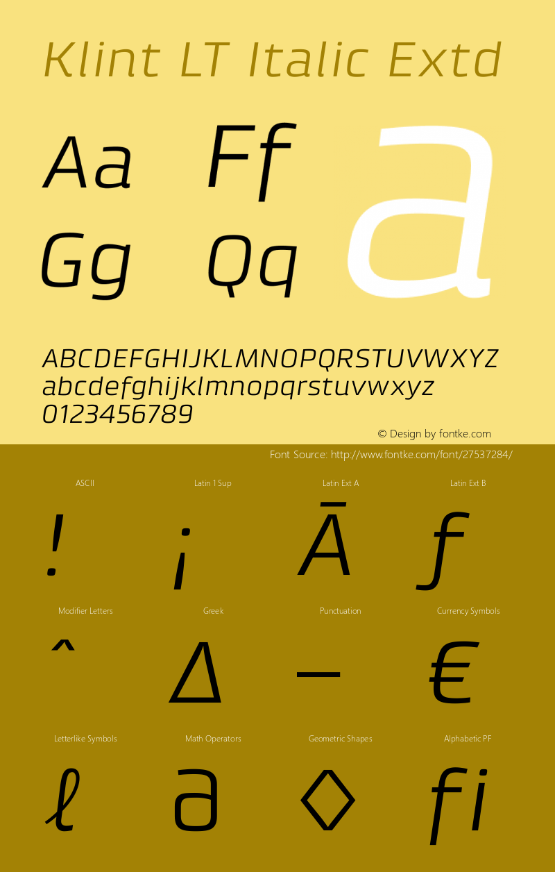 KlintLT-ItalicExtd Version 1.001 Font Sample