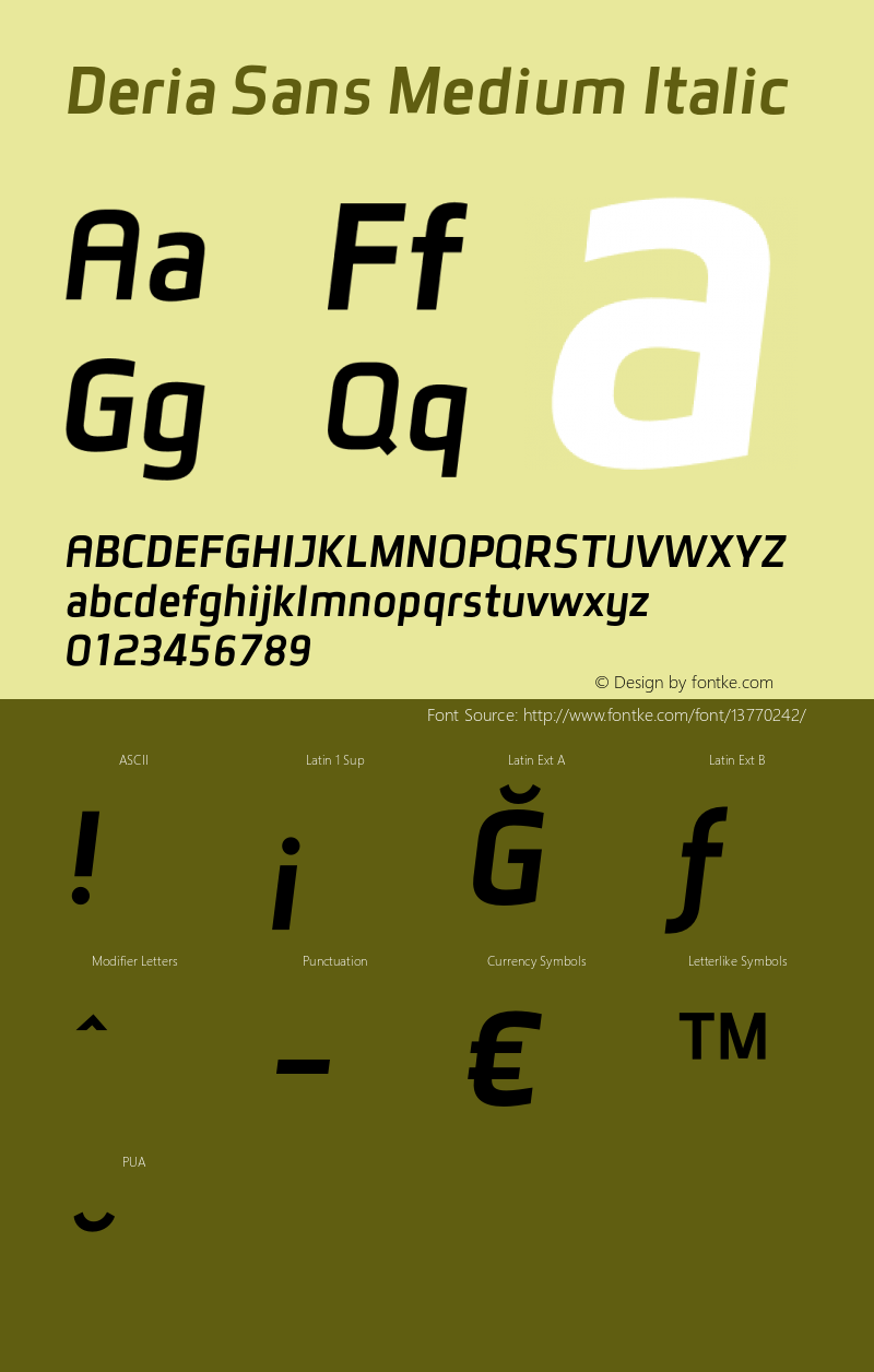 Deria Sans Medium Italic Version 1.000 2011 initial release Font Sample