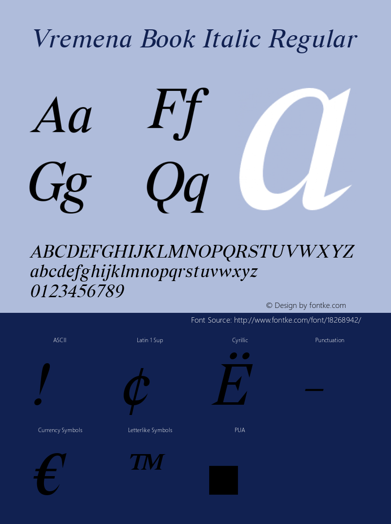 Vremena Book Italic Regular 001.000 Font Sample