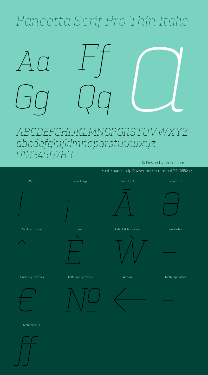 Pancetta Serif Pro Thin Italic Version 1.000 Font Sample