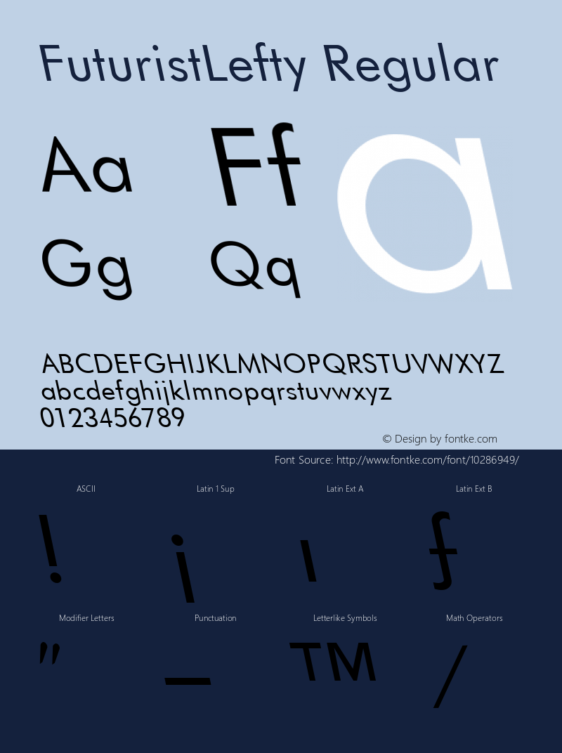 FuturistLefty Regular Accurate Research Professional Fonts, Copyright (c)1995 Font Sample