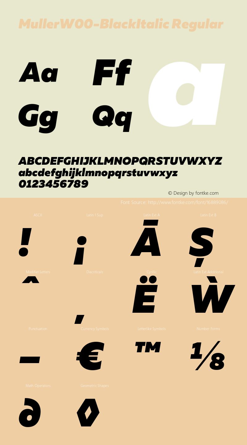 MullerW00-BlackItalic Regular Version 1.00 Font Sample