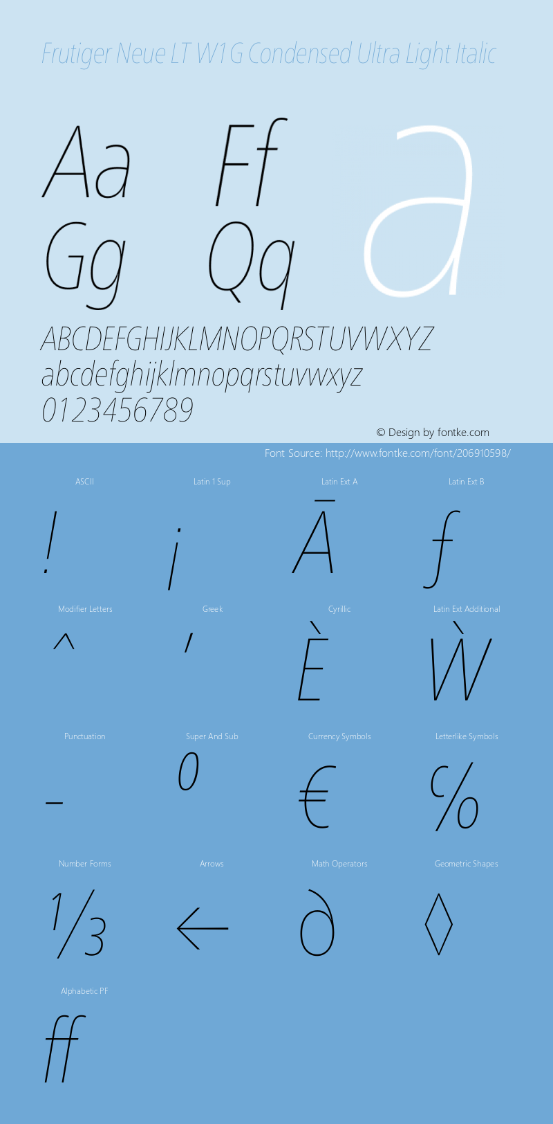 Frutiger Neue LT W1G Cn UltLt Italic Version 1.20图片样张