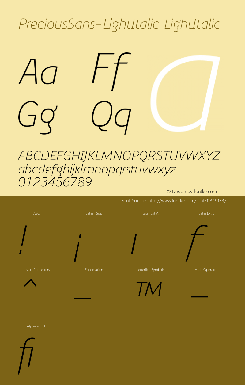 PreciousSans-LightItalic LightItalic Version 001.000 Font Sample