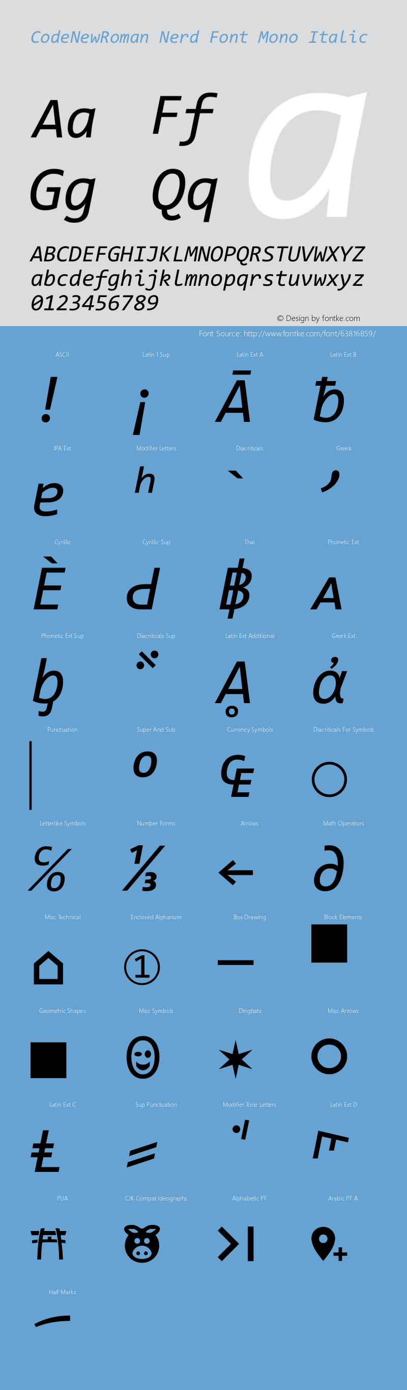 Code New Roman Italic Nerd Font Complete Mono Version 1.86 November 29, 2014 Font Sample