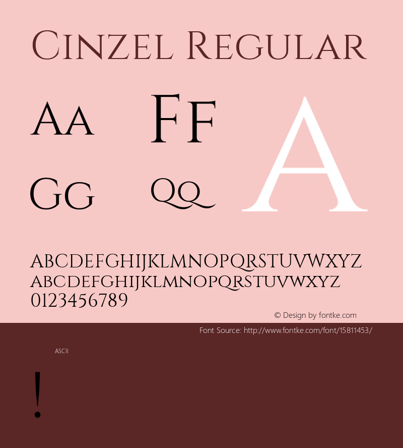 Cinzel Regular Version 1.001;PS 001.001;hotconv 1.0.56;makeotf.lib2.0.21325; ttfautohint (v1.4.1) Font Sample