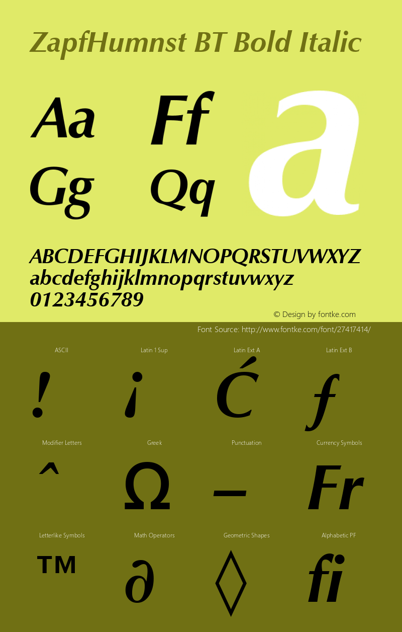 ZapfHumnst BT Bold Italic Version 1.01 emb4-OT Font Sample