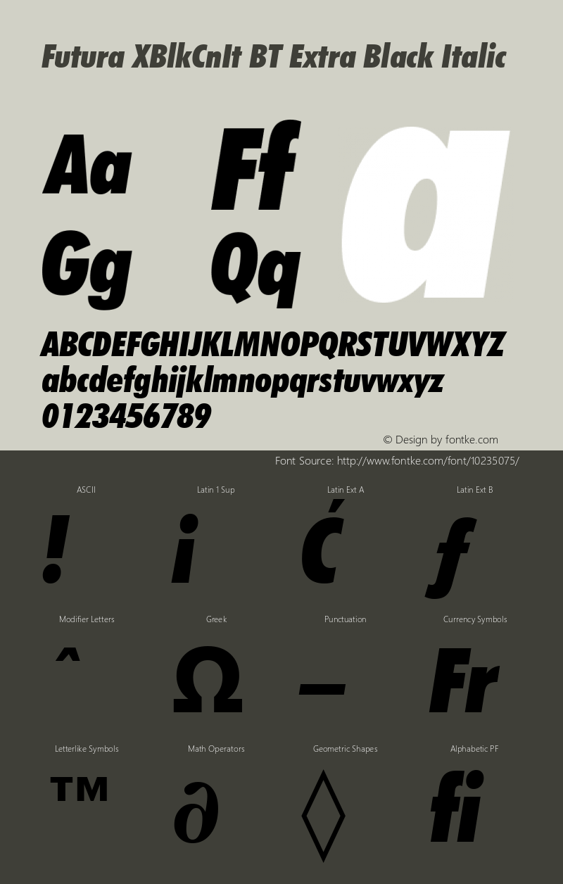 Futura XBlkCnIt BT Extra Black Italic Version 1.01 emb4-OT Font Sample