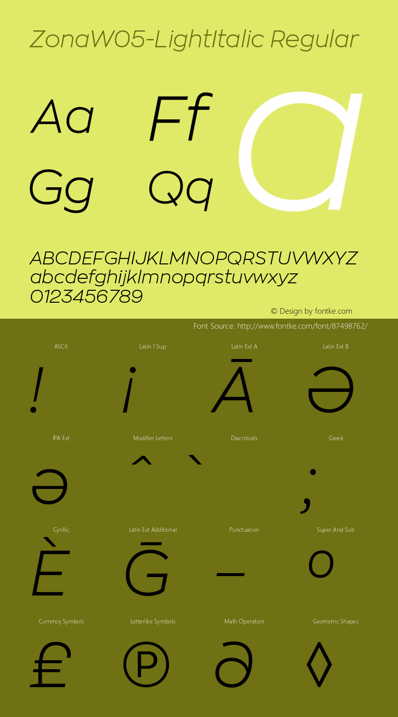 Zona W05 LightItalic Version 2.001 Font Sample