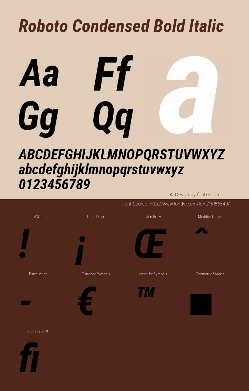 Roboto Condensed Bold Italic Version 2.000980; 2014 Font Sample