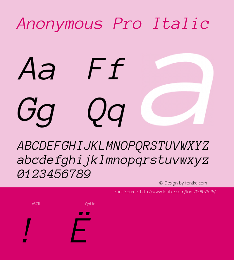 Anonymous Pro Italic Version 1.002; ttfautohint (v1.4.1) Font Sample