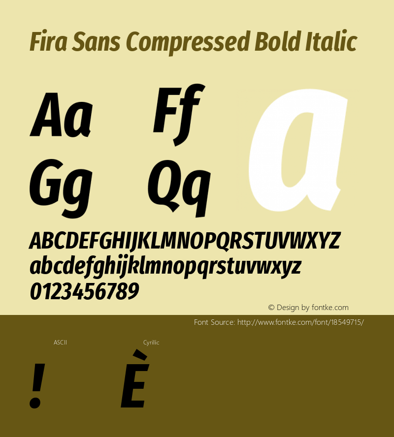 Fira Sans Compressed Bold Italic Version 4.203;PS 004.203;hotconv 1.0.88;makeotf.lib2.5.64775; ttfautohint (v1.4.1) Font Sample