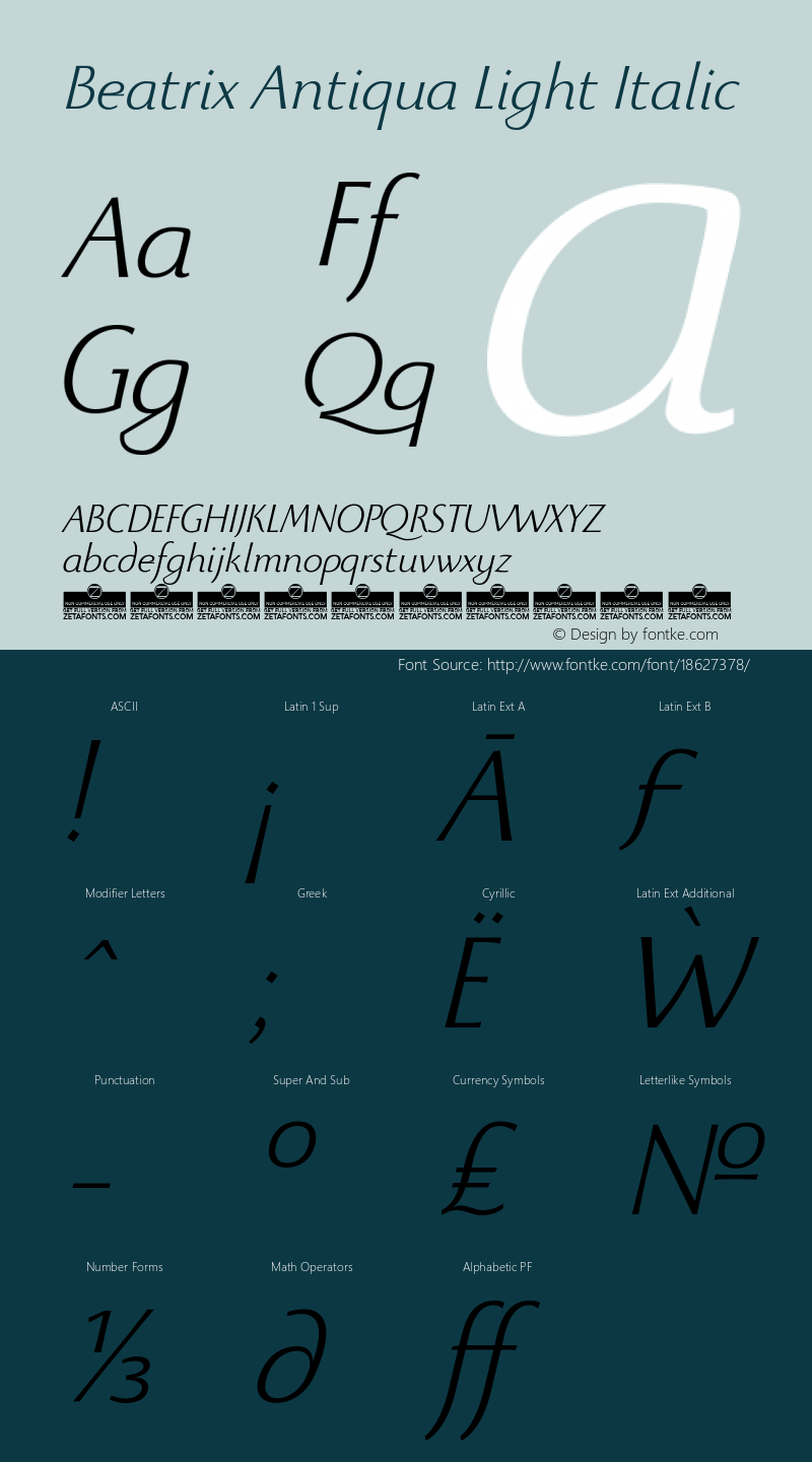 Beatrix Antiqua Light Italic Version 1.008 Font Sample